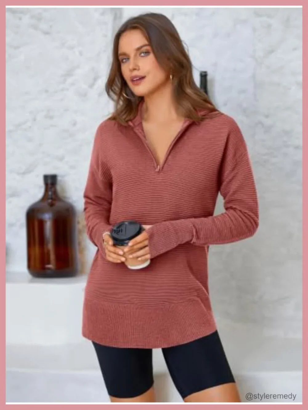 Women's Long Sleeve Quarter Zip Pullover Sweater Casual V Neck Knit Top Thumb